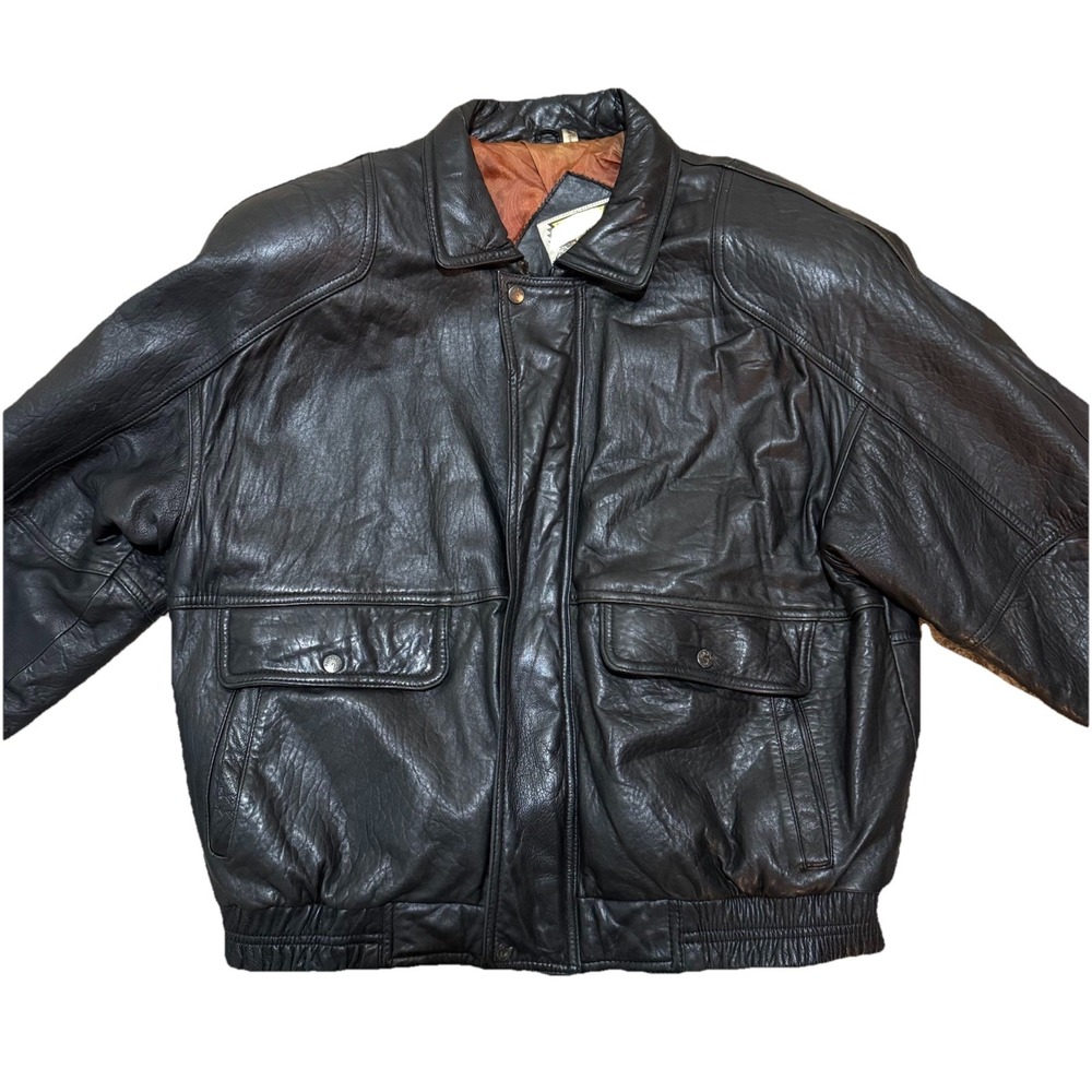 Vtg. Phase 2‎ Jacket Men's XL Black Leather Bomber Zip Pockets Flight Biker